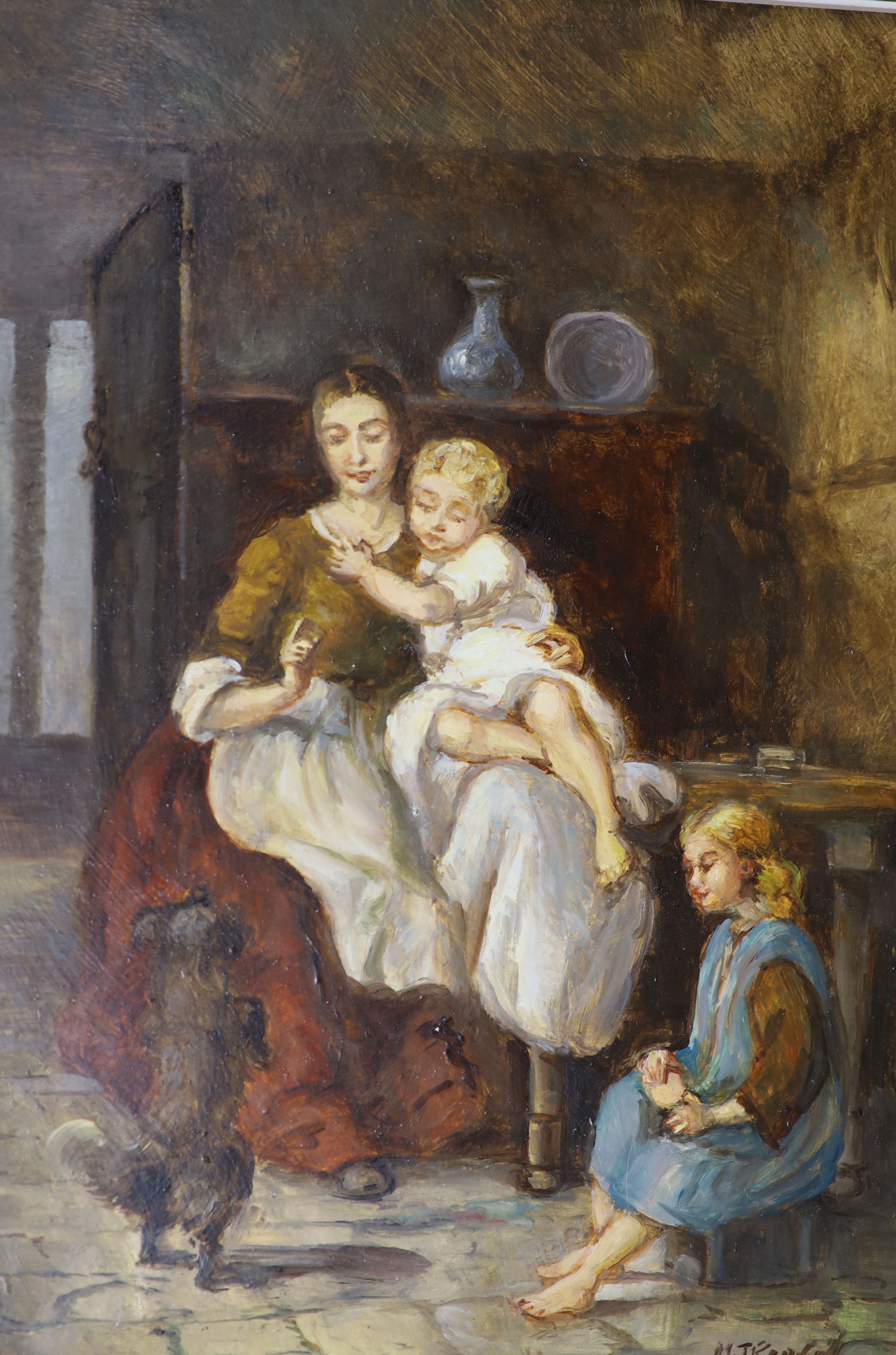 M.J. Rendell, two oils on board, Street scene and Interior with mother and children, signed, 30 x 39cm and 26 x 18cm